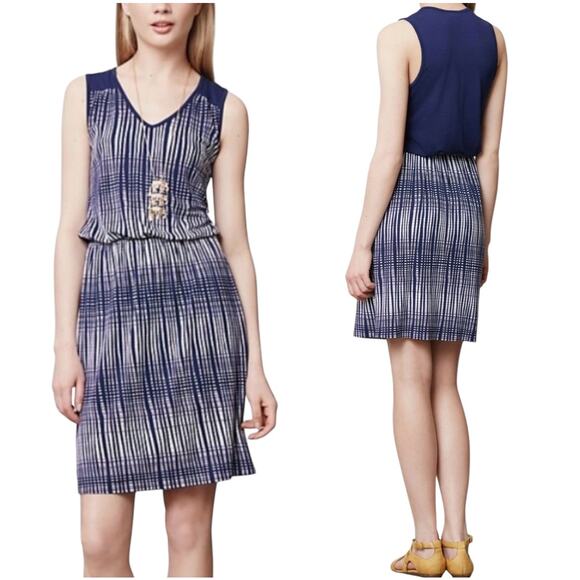 Anthropologie Deletta Janie Jersey Dress Blue Motif White Women’s Medium - Picture 1 of 12